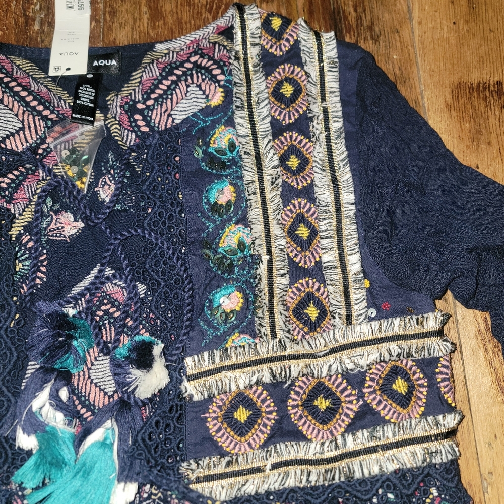 Aqua Embroidered Printed Top jacket Shacket Boho chic Hippie Tassel - Picture 11 of 15